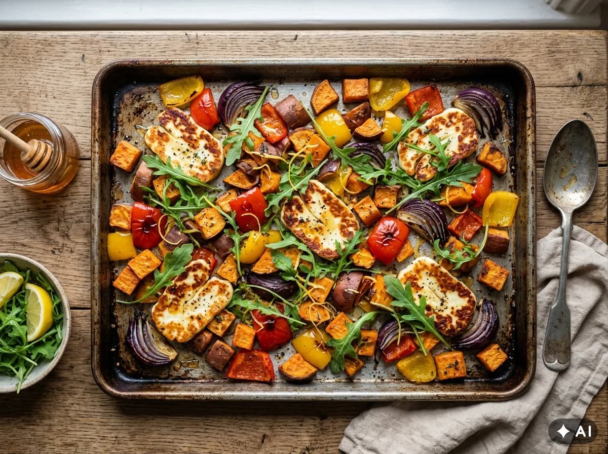 Halloumi á ofnplötu með sætum kartöflum, kjúklingabaunum og papriku