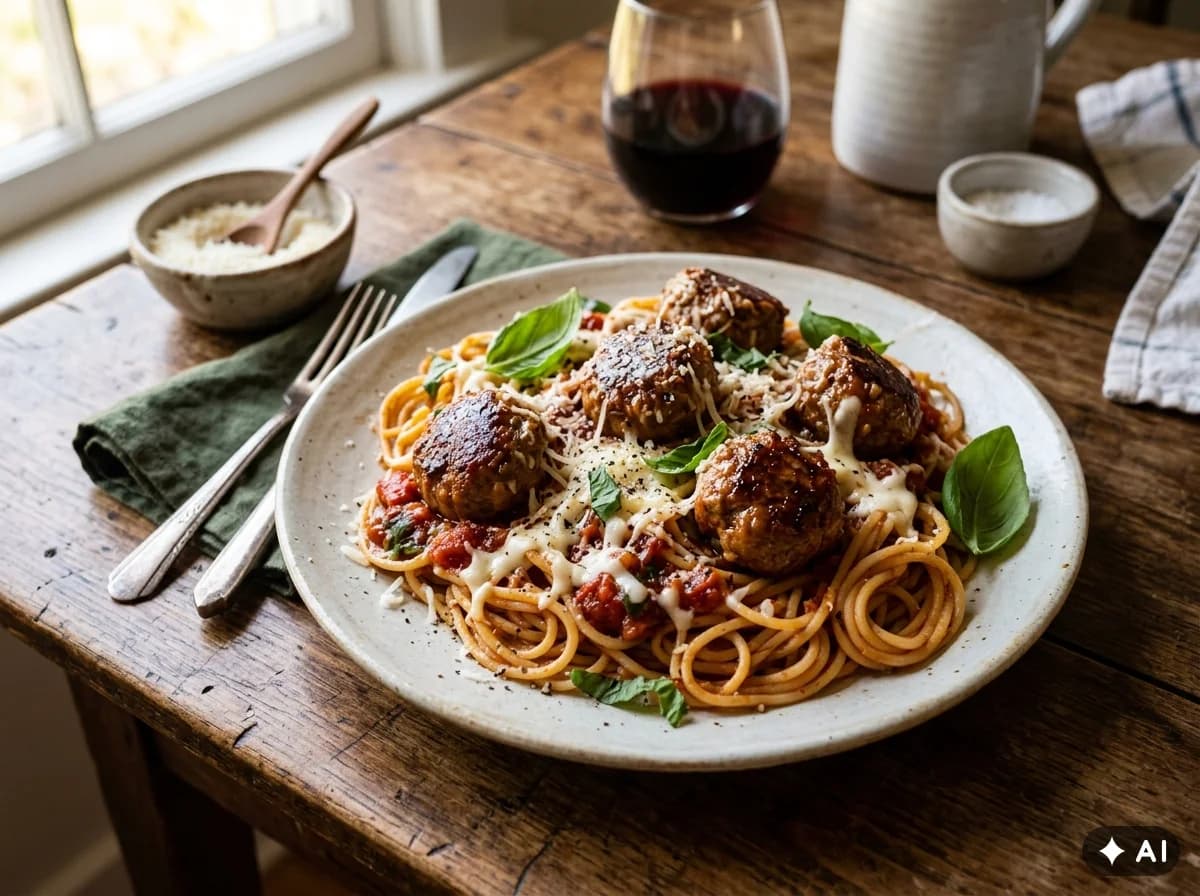Ítalskar kjötbollur í tómatsósu með mozzarella og spaghettí