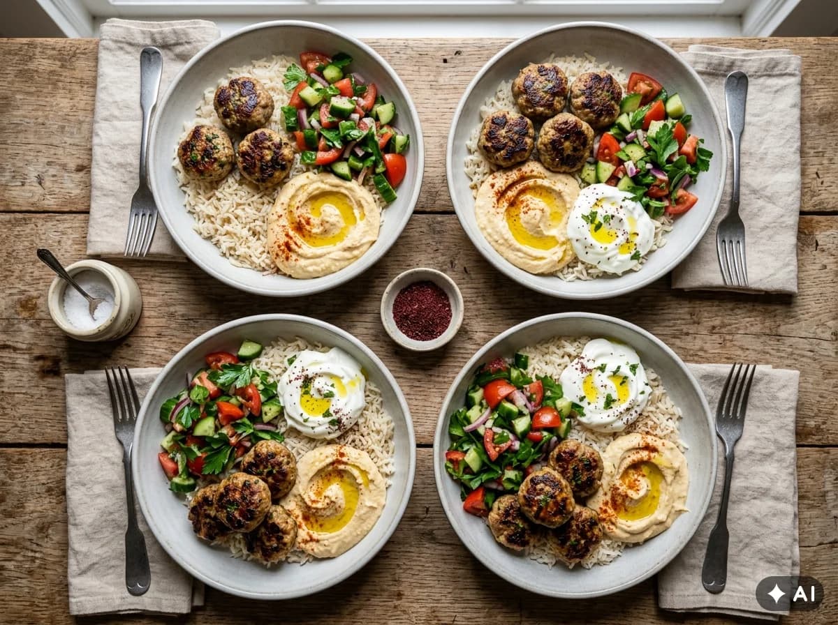 Lambakofta með hummus, hrísgrjónum og tómatsalati