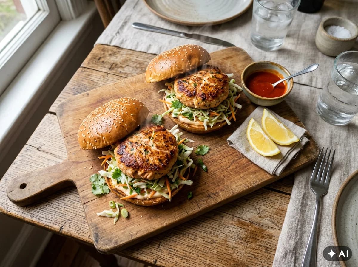 Laxaborgarar með sriracha-majónesi og hrásalati