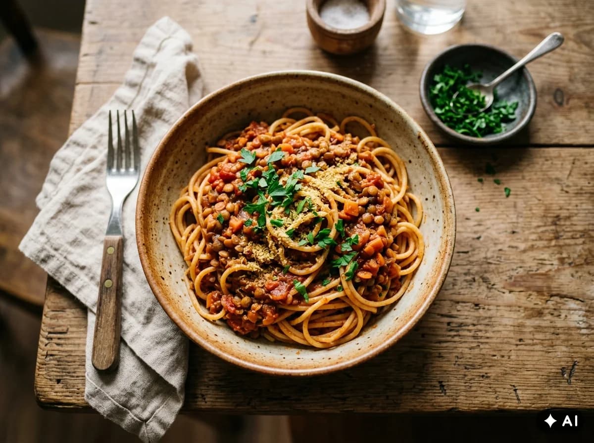 Linsubaunabolognese með spaghetti