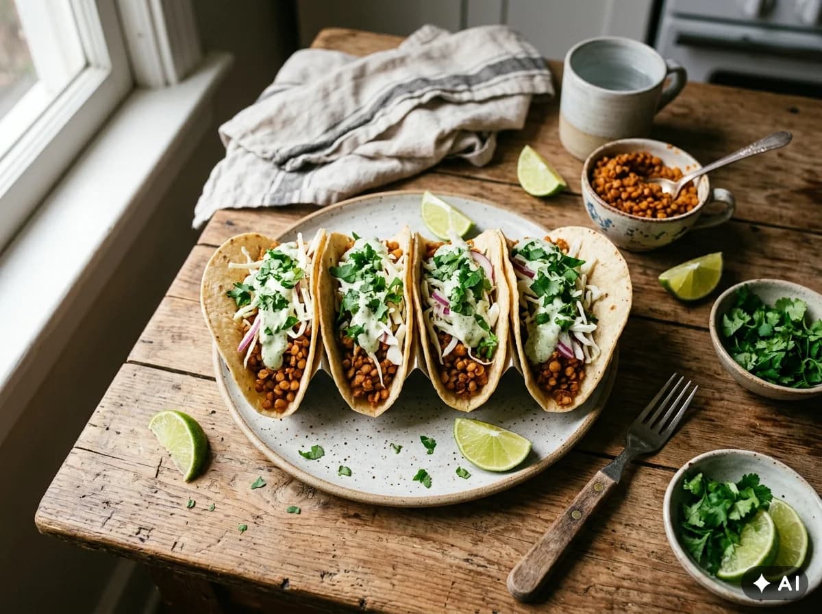 Linsubaunatacos með hvítkálssalati og límónusósu