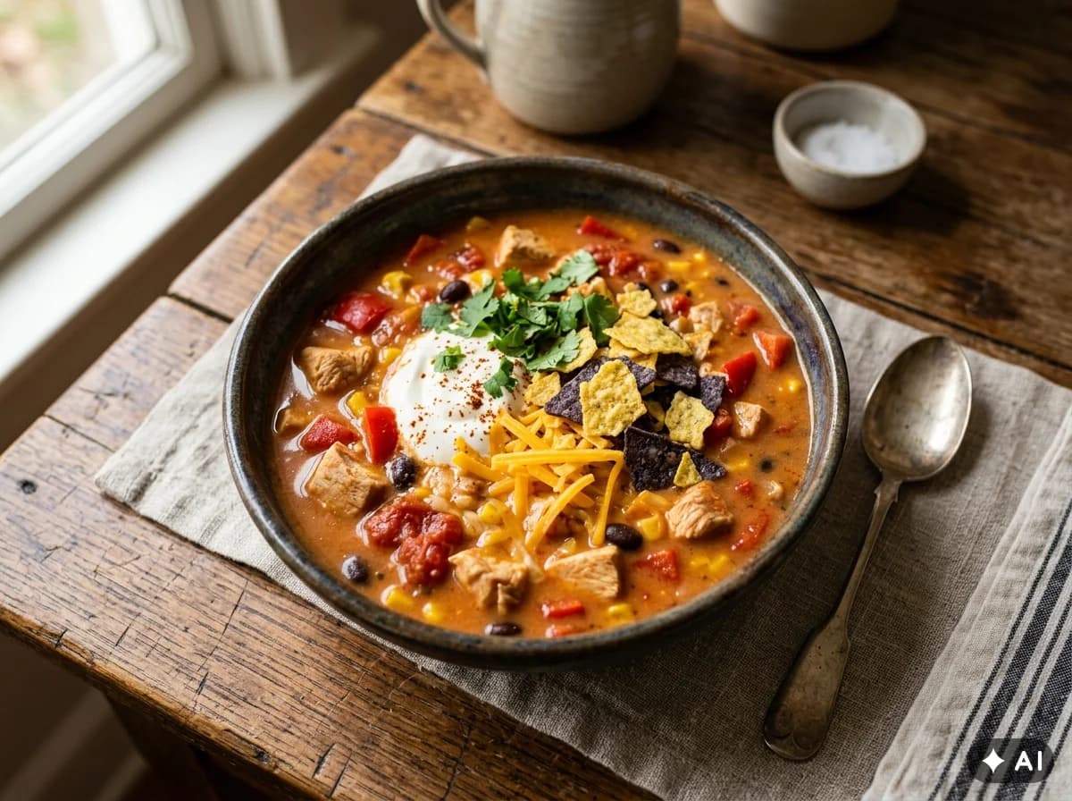 Mexíkósk kjúklingasúpa með rjómaosti og nachos