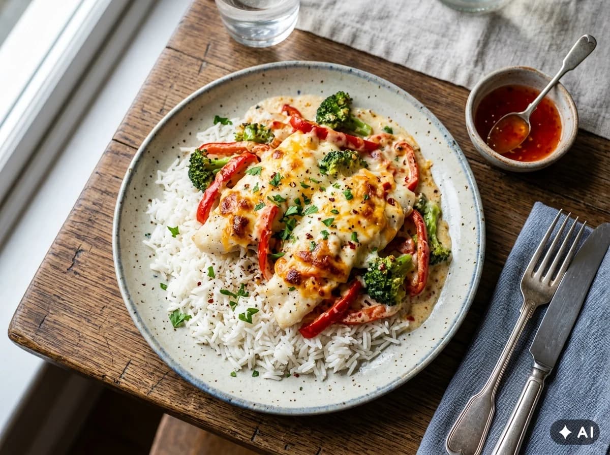 Ofnbökuð ýsa með rjómaosti, sætri chilisósu og grænmeti